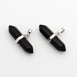 Black Agate Natural Black Agate Double Terminated Pointed Pendants, with Platinum Plated Brass Findings, Bullet, 15.5x30~35x8~9mm, Hole: 5x7.5mm