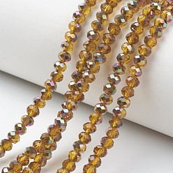 Amarilla Oscura Electroplate transparentes cuentas de vidrio hebras, la mitad de Rose plateado oro, facetados, Rondana plana, vara de oro oscuro, 8x6 mm, agujero: 1 mm, sobre 65~68 unidades / cadena, 15.7~16.1 pulgada (40~41 cm)