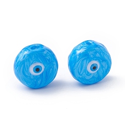 Deep Sky Blue Glass Beads, with Enamel, Flat Round with Evil Eye Pattern, Deep Sky Blue, 14~14.5x9mm, Hole: 1.2mm