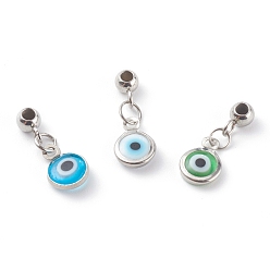 Mixed Color Handmade Lampwork Pendants, with 304 Stainless Steel Tube Bails, Flat Round with Evil Eye, Stainless Steel Color, Mixed Color, 18mm, Hole: 1.8mm
