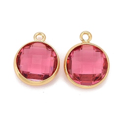 Cerise Glass Charms, with Real 18k Gold Plated Brass Findings, Long-Lasting Plated, Lead Free & Nickel Free & Cadmium Free, Faceted Flat Round, Cerise, 9x7x3mm, Hole: 1mm