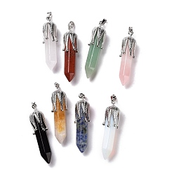 Mixed Stone Natural & Synthetic Gemstone Big Pendants, with Platinum Tone Brass Findings, Cadmium Free & Lead Free, Bullet with Leaf, 53.5~57x14~15x14~15mm, Hole: 7x4mm
