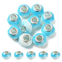 Light Sky Blue Glass European Beads, Large Hole Beads, with Silver Tone Brass Double Cores, Faceted Rondelle, Light Sky Blue, 14x9mm, Hole: 5mm
