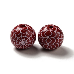 Dark Red Halloween Printed Spider Webs Colored Wood European Beads, Large Hole Beads, Round, Dark Red, 16mm, Hole: 4mm