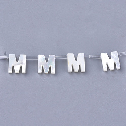 Letter M Cuentas de concha marinas naturales, concha blanca concha de nácar, cuentas perforadas superiores, letter.m, 10x2.5~11.5x3 mm, agujero: 0.8 mm