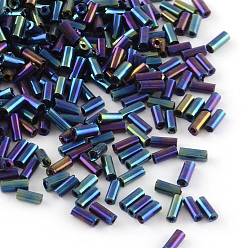 Blue Plated Plated Glass Bugle Beads, Iris, Blue Plated, 4~4.5x2mm, Hole: 1mm, about 450g/bag, 14000pcs/bag