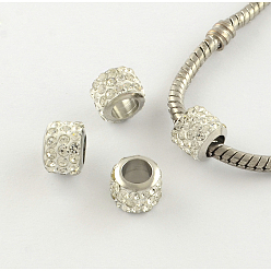 Cristal Rondelle argile à la main en strass polymère perles européennes, avec noyaux en laiton plaqué couleur argent, Perles avec un grand trou   , cristal, 9x7mm, Trou: 5mm