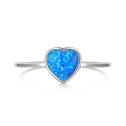 Bleu Rhodié 925 bagues ouvertes en argent sterling, avec opale pour femme, bague manchette coeur, Platine plaqué, bleu, 1mm, taille us 7 (17.3 mm)