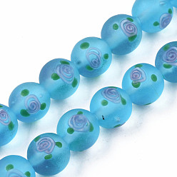 Deep Sky Blue Handmade Frosted Lampwork Beads Strands, Round with Flower, Deep Sky Blue, 11~12mm, Hole: 1.4mm, about 45pcs/strand, 19.69 inch(50cm)