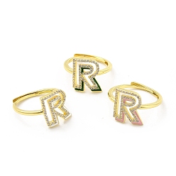 Letter R Mixed Color Enamel Initial Letter Adjustable Ring with Clear Cubic Zirconia, Real 18K Gold Plated Brass Jewelry for Women, Cadmium Free & Lead Free, Letter.R, US Size 5 1/4(16mm), Letter.R: 13x11.5mm