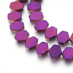Purple Plated Electroplated Non-magnetic Synthetic Hematite Beads Strands, Polish, Hexagon, Purple Plated, 10x9x3mm, Hole: 1mm, about 45pcs/strand, 15.74 inch(40cm)