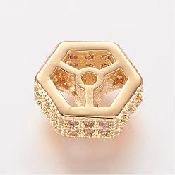 Golden Brass Micro Pave Cubic Zirconia Beads, Hexagon, Golden, 8x8x3mm, Hole: 0.5mm