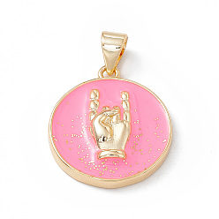 Pearl Pink Rack Plating Brass Enamel Pendants, with Glitter Powder, Long-Lasting Plated, Real 18K Gold Plated, Flat Round with Rock Hand Gesture Charm, Pearl Pink, 21.5x16.5x3.5mm, Hole: 4x3mm