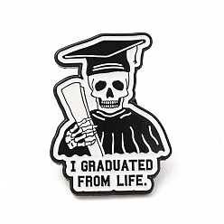 Skull Pin de esmalte de palabra de tema de graduación, Broche de aleación negra de electroforesis para ropa de mochila, cráneo, 31x23x1.5 mm