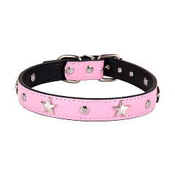 Pearl Pink Adjustable Imitation Leather Pet Collars, Punk Style Alloy Star Stud Cat Dog Choker Necklace, with Iron Buckle, Pearl Pink, 210~270x15mm