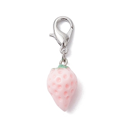 Pink Opaque Resin Strawberry Pendant Decoration, with Alloy Lobster Claw Clasps, Pink, 39mm