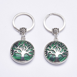 Malachite Synthetic Gemstone Keychain, with Brass Finding, Flat Round with Tree of Life, 64mm