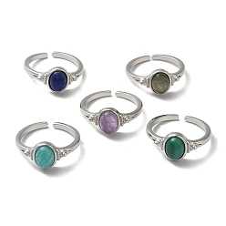 Mixed Stone Natural Mixed Gemstone Oval Open Cuff Rings, Platinum Brass Finger Ring, Cadmium Free & Lead Free, US Size 7(17.3mm)