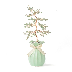 Green Aventurine Natural Green Aventurine Chips with Brass Wrapped Wire Money Tree on Ceramic Vase Display Decorations, for Home Office Decor Good Luck , 150x81x280mm