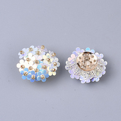 Alice Bleu Cabochons paillette pvc, perles de cluster, avec des perles de rocaille en verre et des réglages de disques perforés en laiton plaqué or, fleur, bleu alice, 20~23x10~11mm