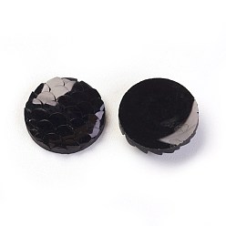 Black Resin Cabochons, Flat Round with Mermaid Fish Scale, Black, 12x3mm