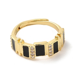 Black Enamel Rectangle Adjustable Ring with Cubic Zirconia, Real 18K Gold Plated Brass Ring, Cadmium Free & Lead Free, Black, US Size 6(16.5mm)