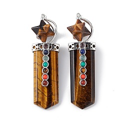Tiger Eye Chakra Themed Natural Tiger Eye Big Pendants, Faceted Sword Charms, with Rack Plating Platinum Plated Brass Findings, Cadmium Free & Lead Free, 85~86x24x18.5~20.5mm, Hole: 8x5mm