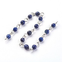 Lapis Lazuli Handmade Natural Lapis Lazuli Beads Chains, Unwelded, with Iron Eye Pin, Round, Faceted, Platinum, 12~12.5x4~4.5mm, about 39.37 inch(1m)/strand