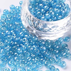 Light Cyan Glass Seed Beads, Trans. Colours Lustered, Round, Light Cyan, 4mm, Hole: 1.5mm, about 4500pcs/pound