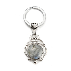 Labradorite Porte-clés pendentif labradorite naturelle, plat rond, avec les accessoires en laiton, argent antique et platine, 65~66mm