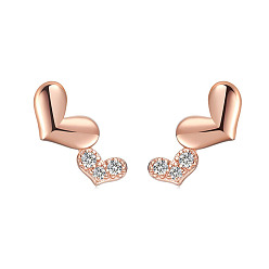 Rose Gold Heart 925 Sterling Silver Cubic Zirconia Stud Earrings for Women, with S925 Stamp, Rose Gold, 14mm