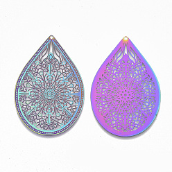 Rainbow Color Ion Plating(IP) 304 Stainless Steel Filigree Pendants, for DIY Jewelry Making, Etched Metal Embellishments, Teardrop, Rainbow Color, 48.5x32x0.3mm, Hole: 1mm