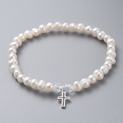 White Natural Freshwater Pearl Beads Stretch Bracelets, with 925 Sterling Silver Charms, Austrian Crystal Beads and Cardboard Boxes, Cross, White, 2 inch(5.2cm)