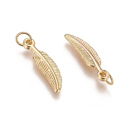 Golden Brass Pendants, Long-Lasting Plated, Feather, Golden, 21.5x5x1.5mm, Hole: 4mm