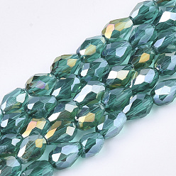 Vert De Mer Clair Perles en verre electroplate, de couleur plaquée ab , facette, larme, vert de mer clair, 7.5~8x6mm, Trou: 1mm, Environ 66~68 pcs/chapelet, 22.6 pouce