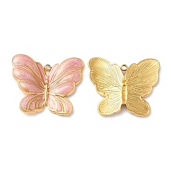Pink 304 acier inoxydable émail pendentifs, réel 18 k plaqué or, charme de papillon, rose, 20x24x3mm, Trou: 1.4mm