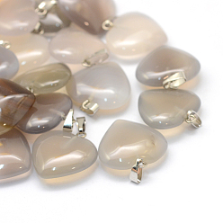 Grey Agate Heart Natural Grey Agate Pendants, with Platinum Tone Brass Findings, 20~22x20~21x5~8mm, Hole: 2x7mm