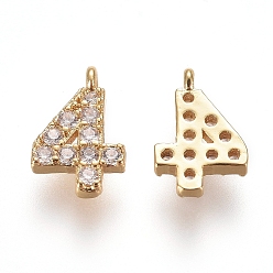 Number Brass Micro Pave Clear Cubic Zirconia Charms, Number, Golden, Num.4, 9.5~10x4~6.5x2mm, Hole: 0.8mm