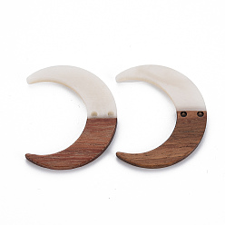 Floral White 2-Hole Resin & Walnut Wood Buttons, Moon, Floral White, 38x31x2~3mm, Hole: 2mm