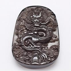 Black Natural Ice Crystal Obsidian Carven Pendants, Chinese Dragon, Black, 53~57x37.5~40x11~12.5mm, Hole: 1mm