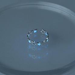 Cornflower Blue Luminous Brass Star Open Cuff Ring, Glow In The Dark Jewelry for Women, Cornflower Blue, US Size 6 1/2(16.9mm)