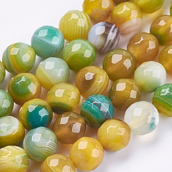 Goldenrod Natural Striped Agate/Banded Agate Beads Strands, Round, Faceted, Dyed, Goldenrod, 8mm, Hole: 1mm, about 47~48pcs/strand, 14.8~15.1 inch(37.7~38.5cm)