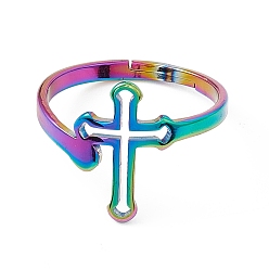 Rainbow Color Ion Plating(IP) 201 Stainless Steel Hollow Out Cross Adjustable Ring for Women, Rainbow Color, US Size 6 1/4(16.7mm)