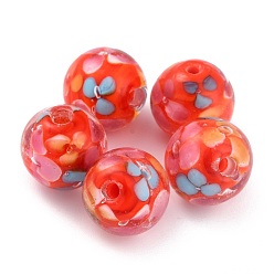 Red Round Lampwork Beads, Plum Flower Petal Pattern, with Hole, Red, 12mm, Hole: 1.8mm