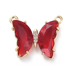 Red Brass Micro Pave Clear Cubic Zirconia Links, with Glass, Butterfly, Golden, Red, 18x21.5x4.5mm, Hole: 1.4mm