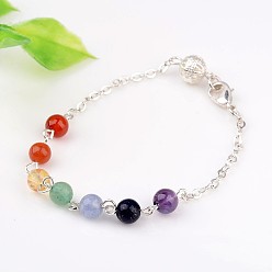 Mixed Stone Chakra Jewelry Natural Gemstone Round Bead Link Bracelets, with Brass Cable Chains and Lobster Claw Clasps, Silver Color Plated, 190x2mm
