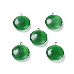 Green Cat Eye Pendants, with Platinum Tone Iron Loops, Flat Round Charms, Green, 23.5x20x7mm, Hole: 1.5mm