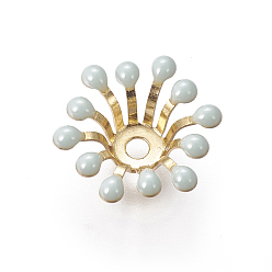 Aqua Brass Bead Caps, with Enamel, Flower, Golden, Aqua, 11~12x4mm, Hole: 1.6mm, Inner Diameter: 4mm