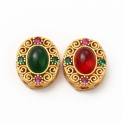Mixed Color Long-Lasting Rack Plating Brass Multi-Strand Links,  with Synthetic Ruby in Zoisite, Oval with Hollow Flower, Golden, Mixed Color, 13x11x6mm, Hole: 1x2mm