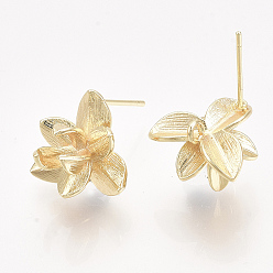 Real 18K Gold Plated Brass Stud Earring Findings, with Loop, Real 18K Gold Plated, Nickel Free, Flower, 13.5x15mm, Hole: 1.4mm, Pin: 0.8mm